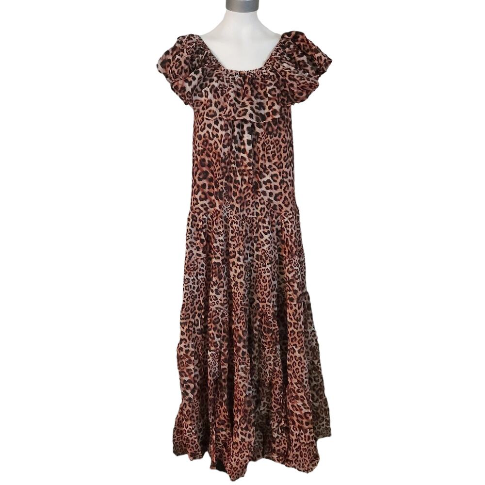 ERIKA PENA Rita Bohemian Maxi leopard tiered ruffle off shoulder dress Sz XS NEW